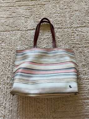 Elliott Lucca Striped Canvas Tote Bag with Pink and Brown Accents